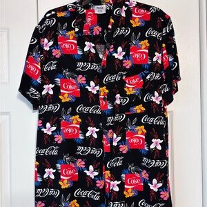 Coca Cola Men's Black and Red Logo Floral Hawaiian Shirt